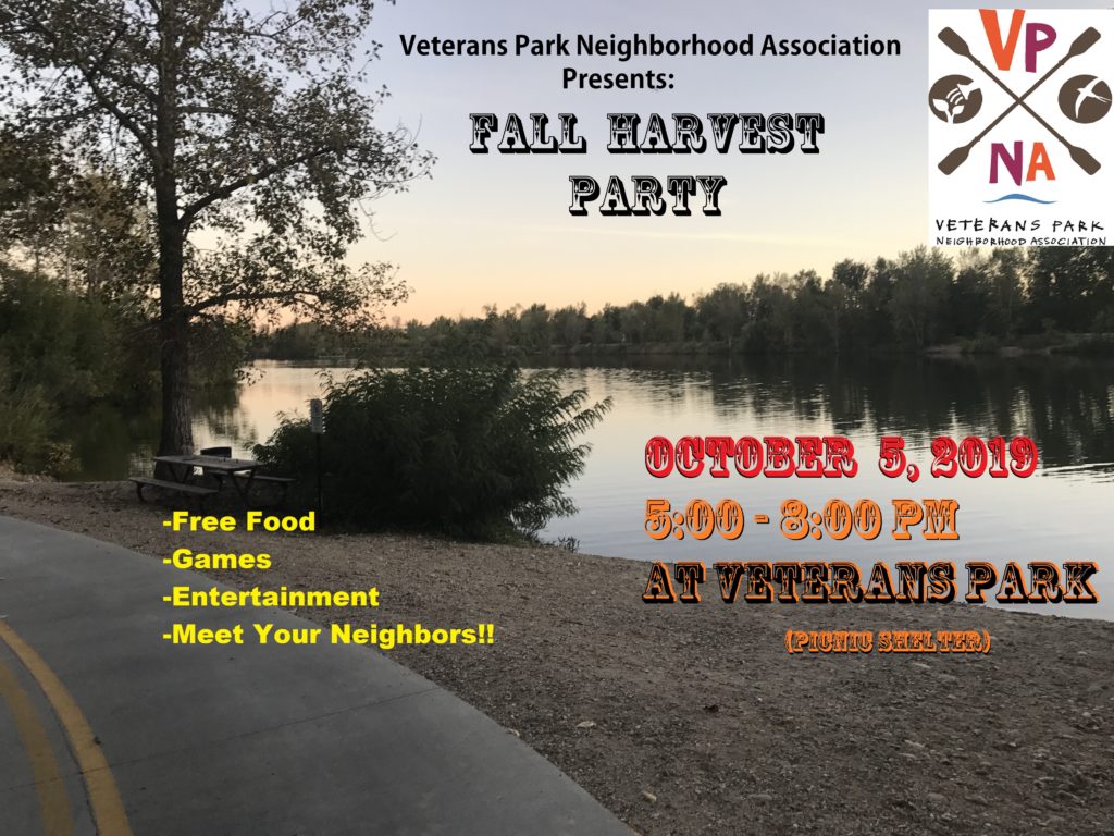 The Veterans Park Neighborhood Association presents the Fall Harvest Party! Join us for free food, games, entertainment, and meet you neighbors!
The festival is 5:00 - 8:00 pm on Saturday, October 5, 2019 at the picnic shelter in Veterans Memorial Park. 